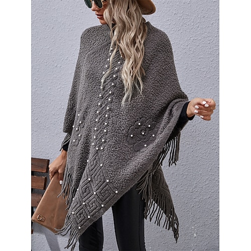 

Women's Shrugs Black Khaki Red Plain Beaded Tassel Long Sleeve Casual Daily Ponchos Capes V Neck Long S