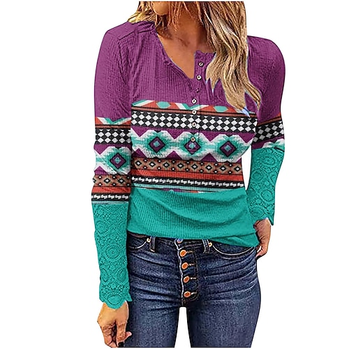 

Women's Blouse Shirt Green Blue Purple Graphic Button Print Long Sleeve Casual Ethnic Round Neck Regular S