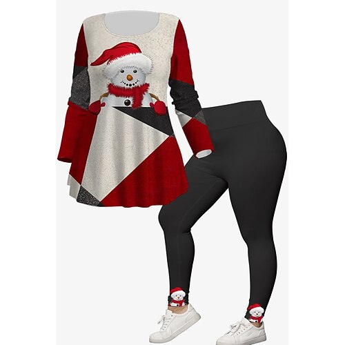 

Women's Plus Size Tops Christmas Set Graphic Print 3/4 Length Sleeve Crew Neck Modern Festival Daily Polyester Winter Fall Green Black