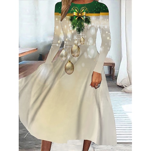 

Women's Casual Dress Swing Dress Midi Dress Beige Long Sleeve Graphic Pocket Winter Fall Spring Crew Neck Fashion Christmas Daily Weekend 2022 S M L XL XXL 3XL
