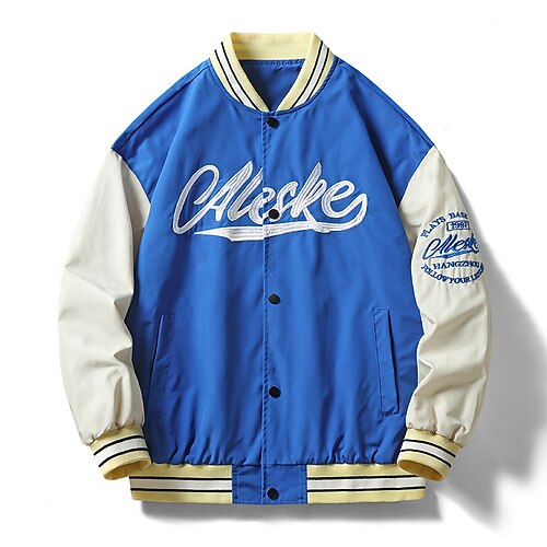 

Men's Varsity Jacket Warm Daily Wear Vacation Going out Single Breasted Standing Collar Comfort Leisure Jacket Outerwear Color Block Button Pocket Pinky Black Blue