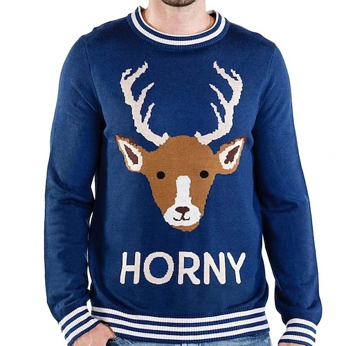 

Men's Sweater Ugly Christmas Sweater Pullover Sweater Jumper Ribbed Knit Cropped Knitted Letter Crew Neck Keep Warm Modern Contemporary Christmas Work Clothing Apparel Fall & Winter Blue S M L