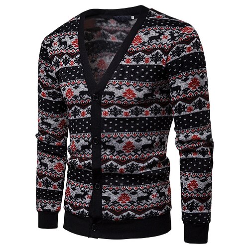 

Men's Sweater Ugly Christmas Sweater Cardigan Sweater Ribbed Knit Cropped Knitted Christmas Pattern V Neck Warm Ups Modern Contemporary Christmas Daily Wear Clothing Apparel Fall & Winter Black Pink