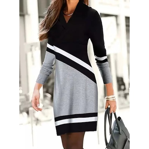 

Women's Casual Dress Sheath Dress Mini Dress Black gray Long Sleeve Color Block Patchwork Winter Fall Spring V Neck Stylish Weekend 2022 S M L XL XXL 3XL