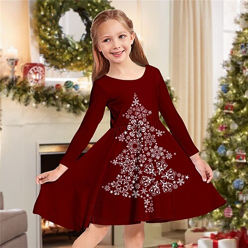 

Kids Girls' Christmas Dress Christmas Tree Casual Dress Above Knee Dress Christmas Gifts Crewneck Long Sleeve Adorable Dress 2-13 Years Winter Wine