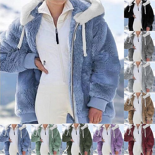 

Women's Plus Size Teddy Coat Coat Outdoor Causal Long Sleeve Hooded Regular Winter Fall Green Black Blue L XL 2XL 3XL 4XL
