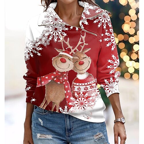 

Women's Sweatshirt Pullover Streetwear Zipper Red Snowflake Reindeer Christmas V Neck Long Sleeve S M L XL 2XL 3XL