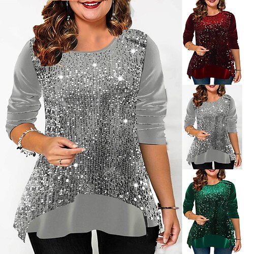 

Women's Plus Size Tops Blouse Solid Color Sequins Long Sleeve Crew Neck Casual Daily Going out Polyester Winter Fall Green Gray
