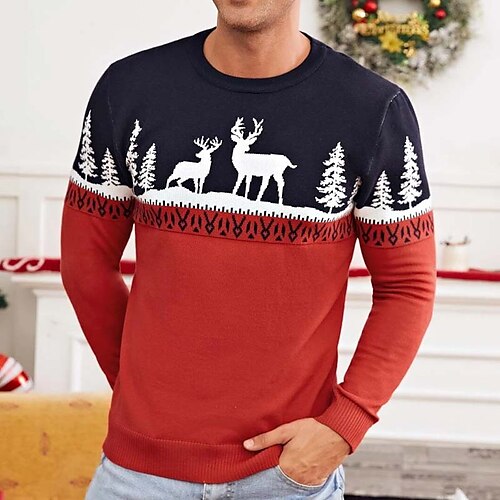

Men's Sweater Ugly Christmas Sweater Pullover Sweater Jumper Ribbed Knit Cropped Knitted Tree Crew Neck Keep Warm Modern Contemporary Christmas Work Clothing Apparel Fall & Winter Orange S M L