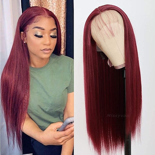 

Burgundy Hair Color Lace Front Wig Long Straight Hair Wigs Glueless Heat Resistant Fiber Hair Red Hair Synthetic Lace Front Wigs for Fashion Women