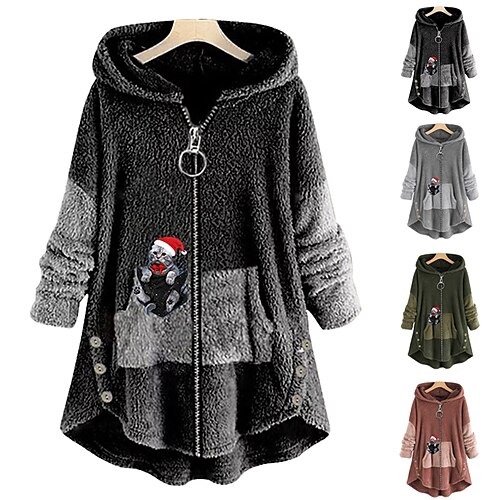 

Women's Plus Size Christmas Fleece Jacket Teddy Coat Warm Button Pocket Animal Cat Causal Long Sleeve Hooded Regular Winter Fall Green Pink Dark Gray L XL XXL 3XL 4XL