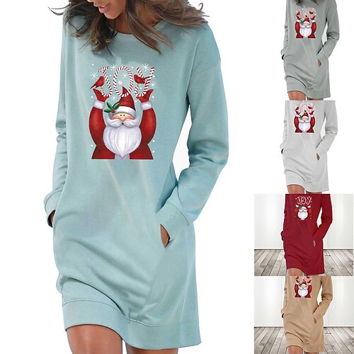 

Women's Christmas Hoodie Dress Winter Dress Light Blue Grey White Long Sleeve Letter Santa Claus Pocket Print Winter Fall Crew Neck Stylish Casual Fall Dress Loose Fit 2022 S M L XL 2XL / Cotton