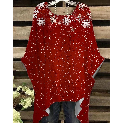 

Women's Plus Size Christmas Tops T shirt Tee Santa Claus Snowman Print Half Sleeve Crew Neck Casual Festival Daily Cotton Spandex Jersey Winter Fall Wine Red