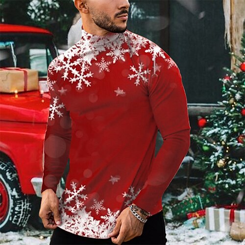 

Men's T shirt Tee Graphic Snowflake Turtleneck Red 3D Print Outdoor Christmas Long Sleeve Print Clothing Apparel Basic Streetwear Designer Comfortable