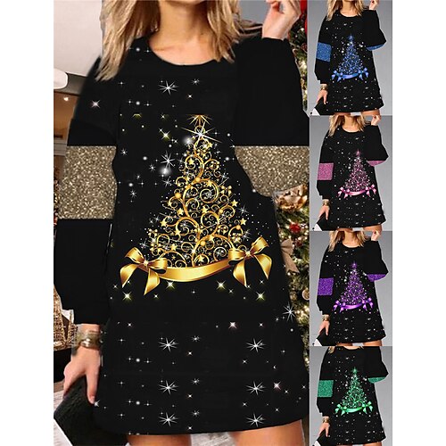 

Women's Christmas Sweatshirt Dress Shift Dress Mini Dress Green Blue Purple Long Sleeve Tree Print Winter Fall Autumn Fashion Daily 2022 S M L XL XXL 3XL