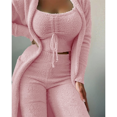 

Women's Fleece Pajamas Fluffy Fuzzy Warm Robes Gown Nighty Pjs 3 Pieces Pure Color Warm Plush Casual Home Daily Bed Fleece Long Sleeve Crop Top Pant Pocket Fall Winter Black White
