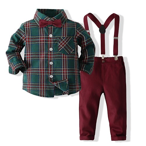 

2 Pieces Toddler Boys Shirt & Pants Clothing Set Outfit Plaid Long Sleeve Cotton Set School Fashion Daily Winter Fall 3-7 Years Green