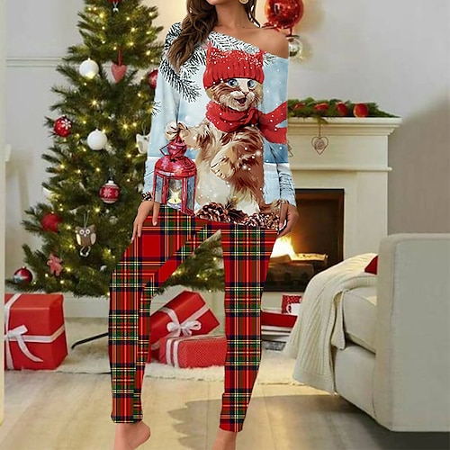 

Women's Plus Size Christmas Pajamas Sets Nighty Cat Grid / Plaid Fashion Comfort Soft Home Carnival Cotton Spandex Jersey Gift Long Sleeve T shirt Tee Pant Elastic Waist Fall Spring Blue Red