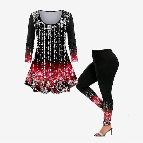 

Women's Plus Size Tops Set Snowflake Print Long Sleeve Crew Neck Casual Festival Christmas Daily Polyester Winter Fall Wine