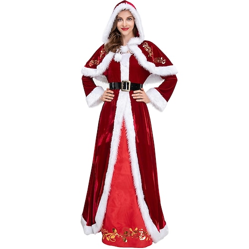 

Christmas Costumes Cloak Mrs. Clau Santa Xmas Velvet Hooded Cape Robe Vintage Floor Cloak Deluxe Cosplay