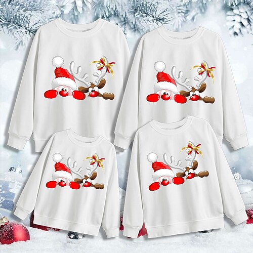 

Family Christmas Sweatshirt Santa Claus Elk Casual Crewneck White Long Sleeve Adorable Matching Outfits