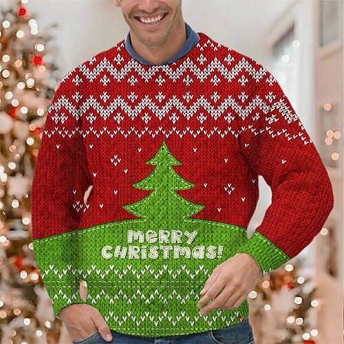 

Men's Sweater Ugly Sweater Pullover Ribbed Knit Cropped Knitted Christmas Tree Crew Neck Keep Warm Modern Contemporary Christmas Work Clothing Apparel Fall & Winter Purple Blue S M L