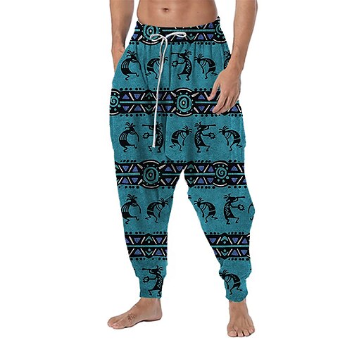 

Men's Trousers Baggy Harem Pants Drawstring Elastic Waist 3D Print Graphic Prints Comfort Soft Casual Daily Holiday Stylish Ethnic Style Blue Orange Micro-elastic