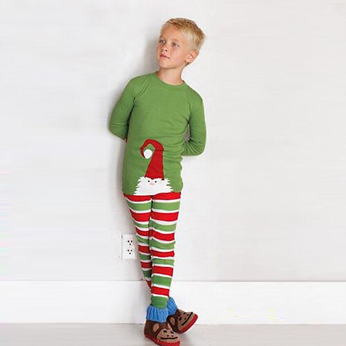 

2 Pieces Toddler Boys Christmas T-shirt & Pants Outfit Santa Claus Stripe Long Sleeve Set Outdoor Basic Adorable Winter Fall 3-7 Years Green