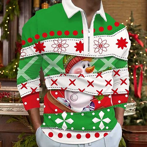 

Men's Collar Polo Shirt Golf Shirt Snowman Snowflake Turndown Green 3D Print Christmas Street Long Sleeve Zipper Print Clothing Apparel Fashion Designer Casual Breathable