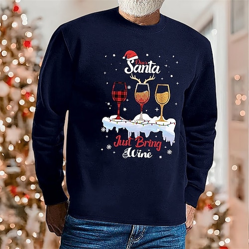 

Men's T shirt Tee Graphic Tee Christmas Shirt Graphic Prints Wine Glass Crew Neck Green Black Wine Red Navy Blue Hot Stamping Christmas Street Long Sleeve Clothing Apparel Basic Designer Casual