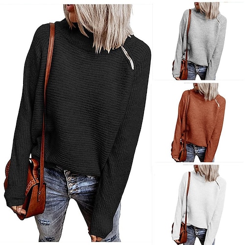 

Women's Blouse Patchwork Knit Solid / Plain Color Classic Sweet High Neck Regular Winter Black Dark Gray Red Army Green Grey