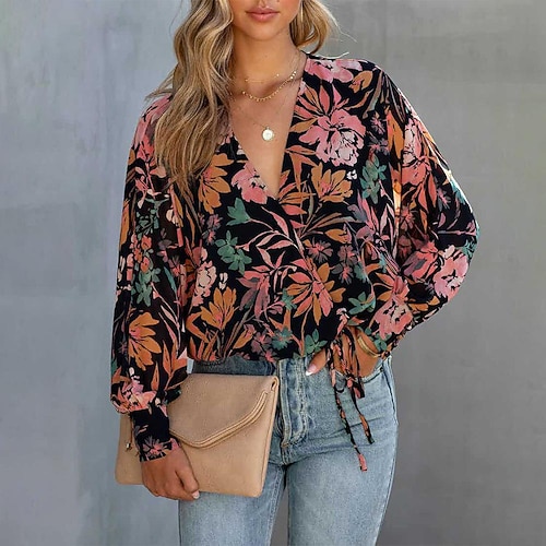 

2022 autumn european and american new amazon women's fashion printing v-neck long-sleeved loose casual shirt