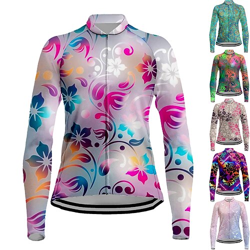 

Women's Cycling Jersey Long Sleeve Bike Jersey Top with 3 Rear Pockets Mountain Bike MTB Road Bike Cycling Breathable Quick Dry Moisture Wicking Reflective Strips Green Purple Rosy Pink Floral