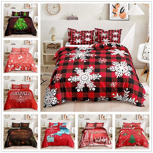 

Red Christmas Printed 3-Piece Duvet Cover Set Hotel Bedding Sets Comforter Cover with Soft Lightweight Microfiber Include 1 Duvet Cover 2 Pillowcases for Double/Queen/King(1 Pillowcase for Twin/Single