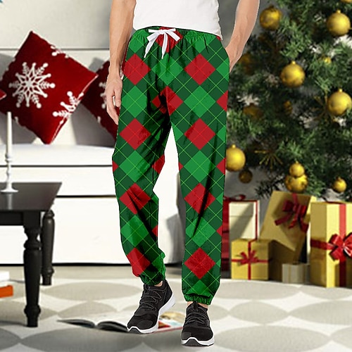 

Men's Christmas Pants Sweatpants Pants Trousers Trousers 3D Print Elastic Drawstring Design Graphic Lattice Outdoor Sports Full Length Christmas Casual Daily Sports Fashion Green Micro-elastic