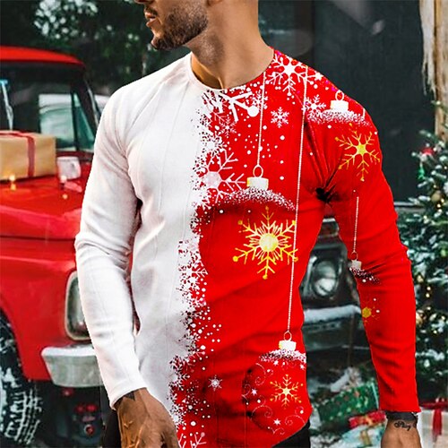 

Men's T shirt Tee Graphic Prints Snowflake Crew Neck Red 3D Print Outdoor Christmas Long Sleeve Print Clothing Apparel Basic Sports Designer Casual