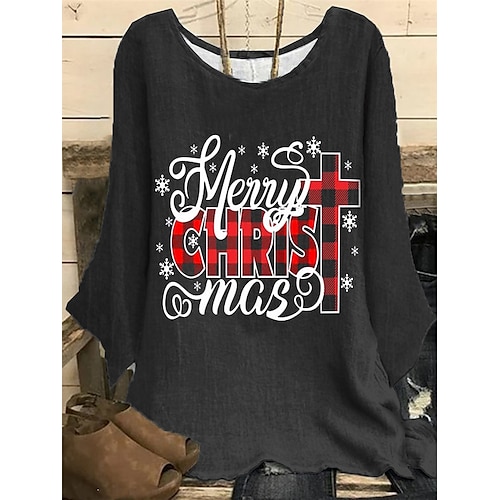 

Women's Plus Size Christmas Tops Blouse Shirt Plaid Letter Print Long Sleeve Casual Festival Daily Polyester Winter Fall Black Yellow