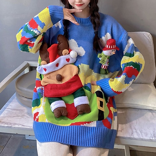 

Women's Ugly Christmas Sweater Pullover Sweater Jumper Ribbed Knit Embroidered Knitted Color Block Crew Neck Stylish Casual Outdoor Christmas Winter Fall Blue Red One-Size