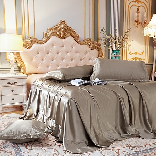 

Solid Bed Sheet Silk Satin Soft Smooth Solid Single Double Round Corner King Bed Sheet