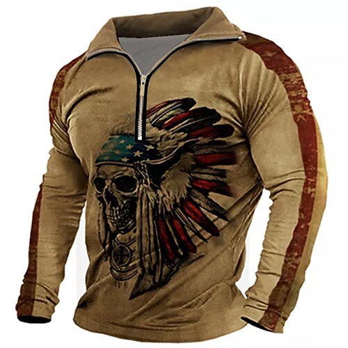 

Men's Unisex Zip Up Sweatshirt Pullover Quarter Zipper Sweatshirt Brown Half Zip Skull Graphic Prints Zipper Print Daily Sports 3D Print Designer Casual Big and Tall Spring & Fall Clothing Apparel