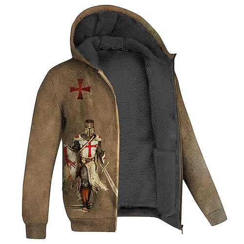 

Men's Fleece Jacket Full Zip Hoodie Fleece Hoodie Sherpa Jacket Green Blue Purple Brown Gray Hooded Knights Templar Graphic Prints Zipper Print Sports & Outdoor Daily Sports 3D Print Fleece