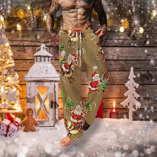 

Men's Christmas Pants Trousers Beach Pants Drawstring Elastic Waist 3D Print Santa Claus Graphic Prints Comfort Soft Christmas Casual Daily Streetwear Designer Green Brown