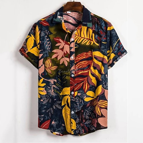 

Men's Shirt Graphic Prints Leaves Stand Collar Black 3D Print Outdoor Casual Short Sleeve Button-Down Print Clothing Apparel Fashion Designer Casual Comfortable