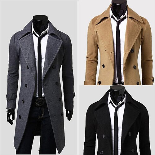 

Men's Winter Coat Peacoat Wool Overcoat Double Breasted Business Casual Regular Slim Fit Warm Solid Colored Fall Long Sleeve Thick Classic Trench Coat Office Daily Work