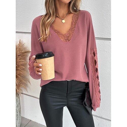 

Women's Blouse Shirt Pink Plain Lace Long Sleeve Casual Basic V Neck Regular S