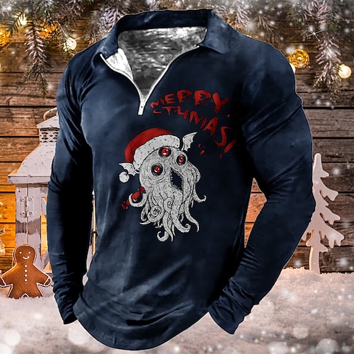 

Men's Collar Polo Shirt Golf Shirt Letter Santa Claus Ugly Christmas Octopus Turndown Black Blue 3D Print Christmas Street Long Sleeve Zipper Print Clothing Apparel Fashion Designer Casual Breathable