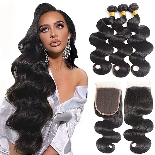 

10A Human Hair Body Wave 3 Bundles with Closure 100% Unprocessed Brazilian Human Hair Bundles with 4x4 Free Part Lace Closure Human Hair Weave with Lace Closure Natural Colo