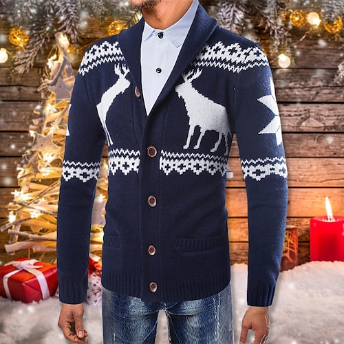 

Men's Sweater Ugly Christmas Sweater Cardigan Sweater Ribbed Knit Tunic Knitted Animal Patterned Turndown Warm Ups Modern Contemporary Christmas Daily Wear Clothing Apparel Winter Spring & Fall