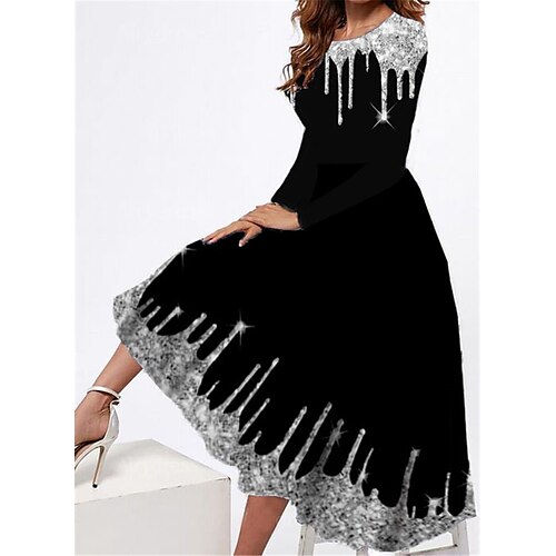 

Women's Casual Dress Swing Dress Midi Dress Black Long Sleeve Stars and Stripes Pocket Winter Fall Spring Crew Neck Fashion Christmas Daily Weekend 2022 S M L XL XXL 3XL