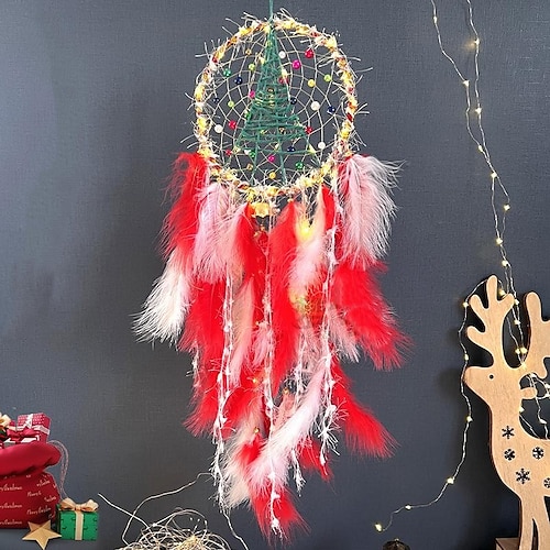 

Christmas Red Dream Catcher Handmade Gift with White Feathers Wall Hanging Decor Art Wind Chimes Boho Style Car Hanging Home Pendant 20x85cm/7.8''x33.4''